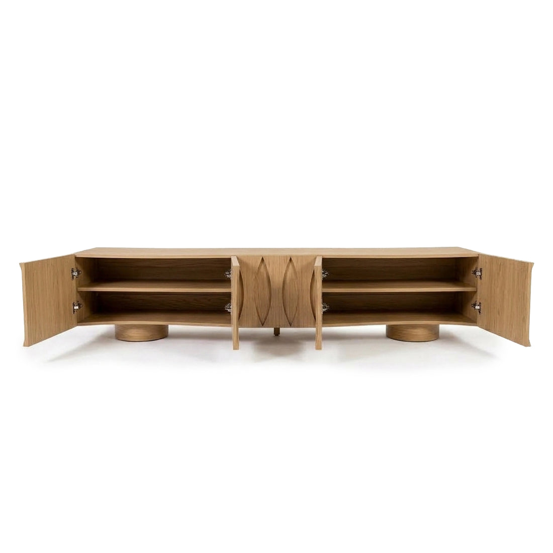 Wooden sideboard with open doors showing interior shelves on white background
