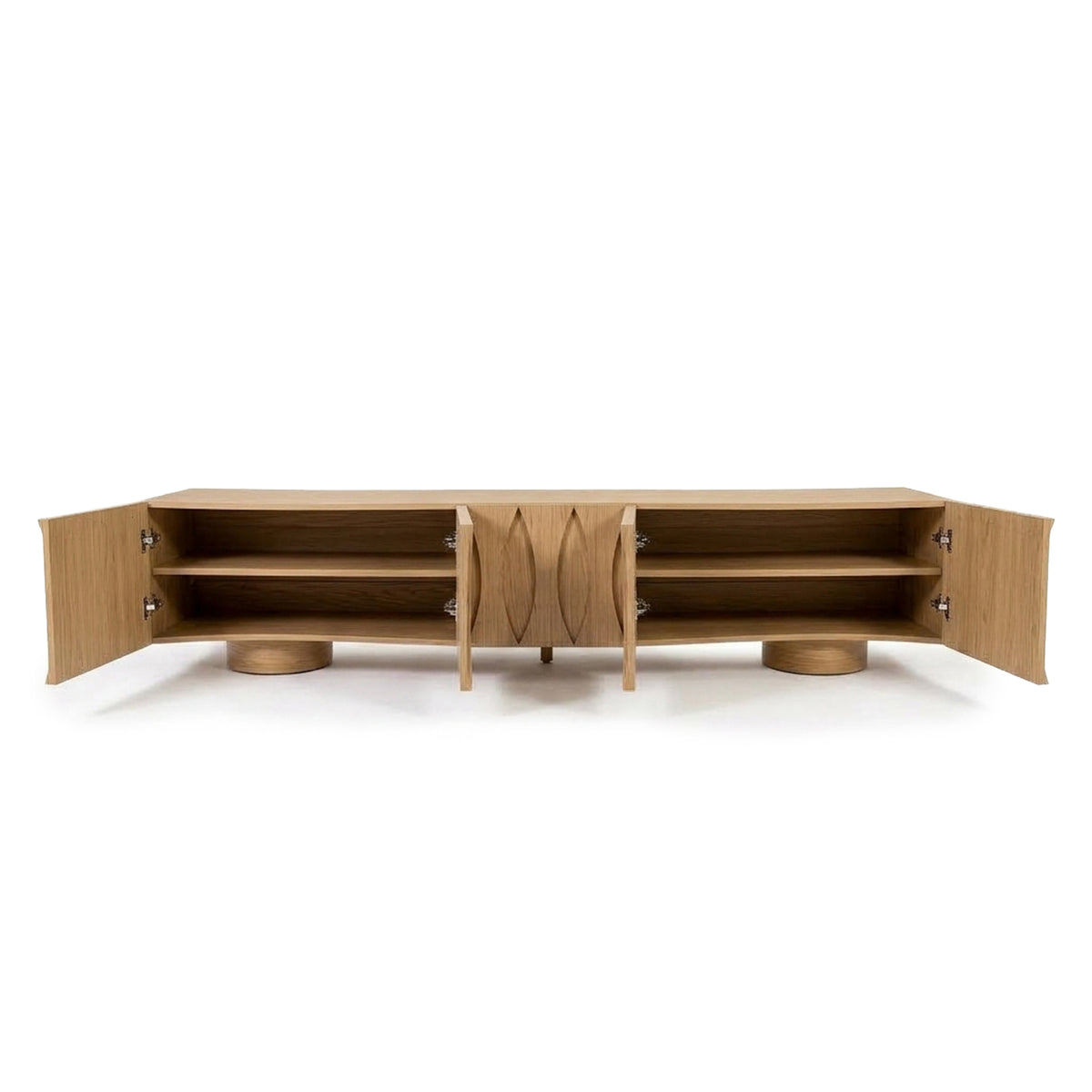 Wooden sideboard with open doors showing interior shelves on white background