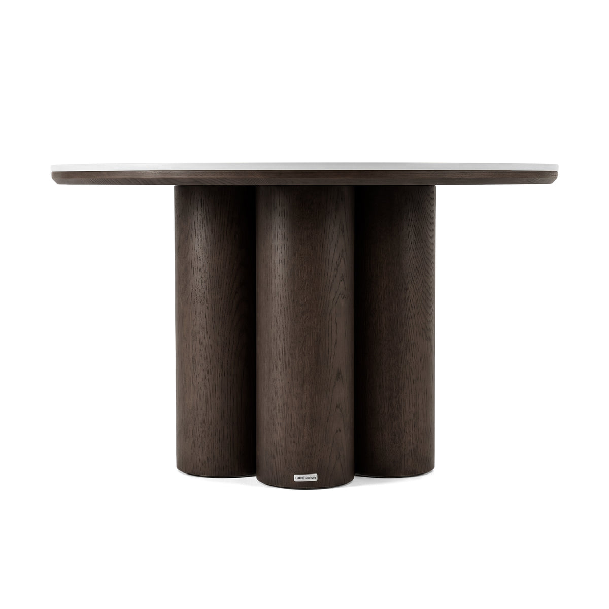 Round dark wood table with cylindrical base on a white background