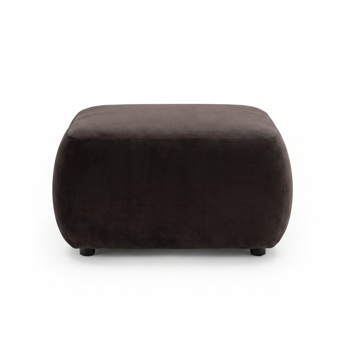 Square dark brown upholstered ottoman with rounded edges on white background