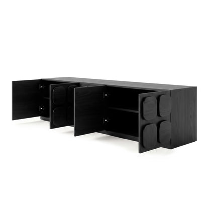 Black sideboard with open cabinet doors on a white background