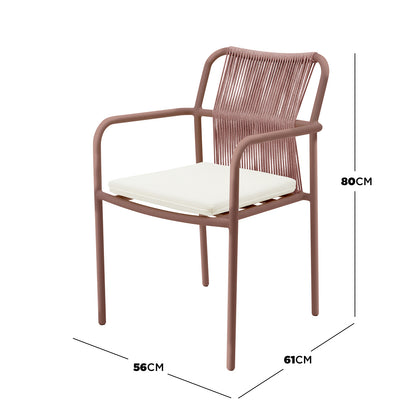 Evone Aluminium Rope Outdoor Dining Chair features a slim tubular-metal frame, woven-rope backrest, and removable seat cushion, perfect for stylish alfresco dining. Dimensions: 56cm wide, 61cm deep, 80cm tall.