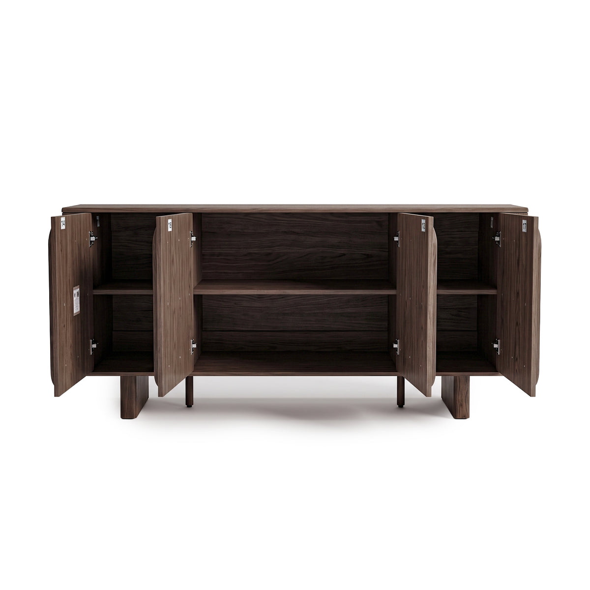 Dark wood sideboard with cabinet doors open showing interior shelves on a white background.