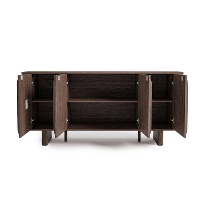 Dark wood sideboard with cabinet doors open showing interior shelves on a white background.