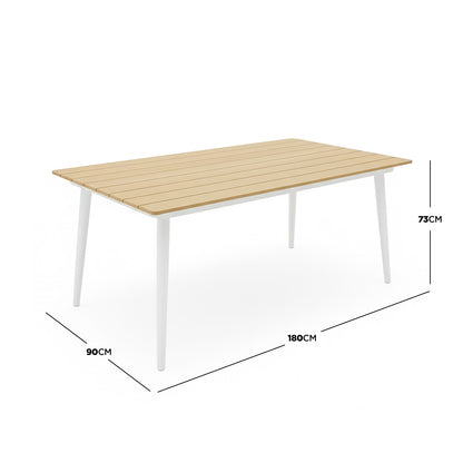 Casara 7 Piece Outdoor Dining Set in White & Beige features a 180cm slatted light-wood tabletop on white metal legs, designed for stylish, weather-resistant outdoor dining for six.