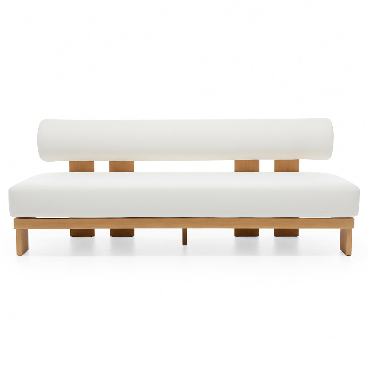 Modica 5 Seater Aluminium Outdoor Sofa Set in White featuring minimalist design with a low-profile light-wood frame, thick rectangular seat cushion, and cylindrical bolster backrest, emphasizing modern geometric simplicity.
