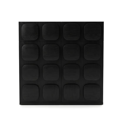 Front view of a black geometric cabinet on a white background