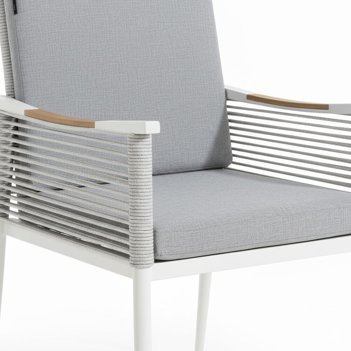 Casara 9 Piece Outdoor Dining Set in White and Grey featuring a modern armchair with a slim white metal frame, light grey cushions, and rope-wrapped sides, showcasing sleek, weather-ready design for alfresco dining.