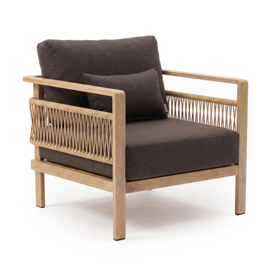 Modern wooden lounge chair with rope detailing and dark cushions on white background