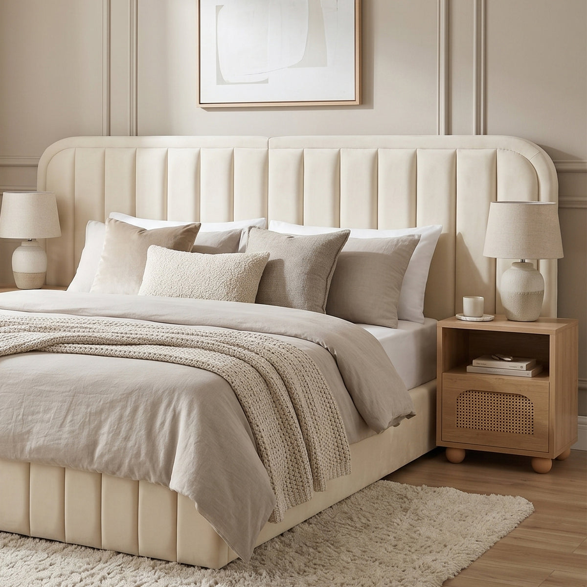 Modern upholstered bed with cream headboard in a styled bedroom