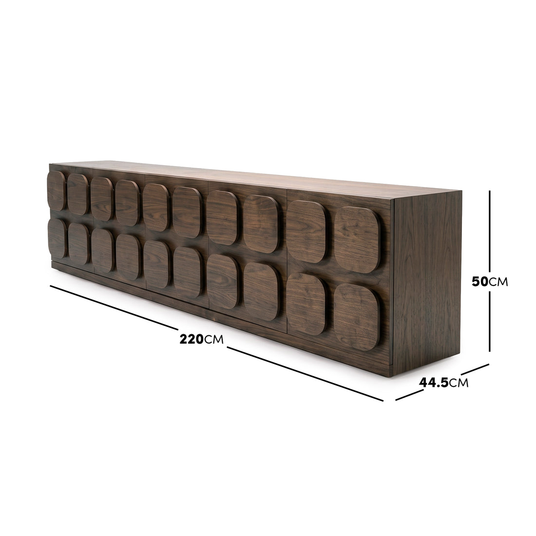 Dark wood sideboard with dimension lines showing width, depth, and height