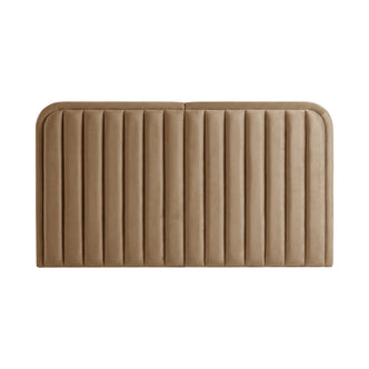 Full view of tan upholstered headboard on white background
