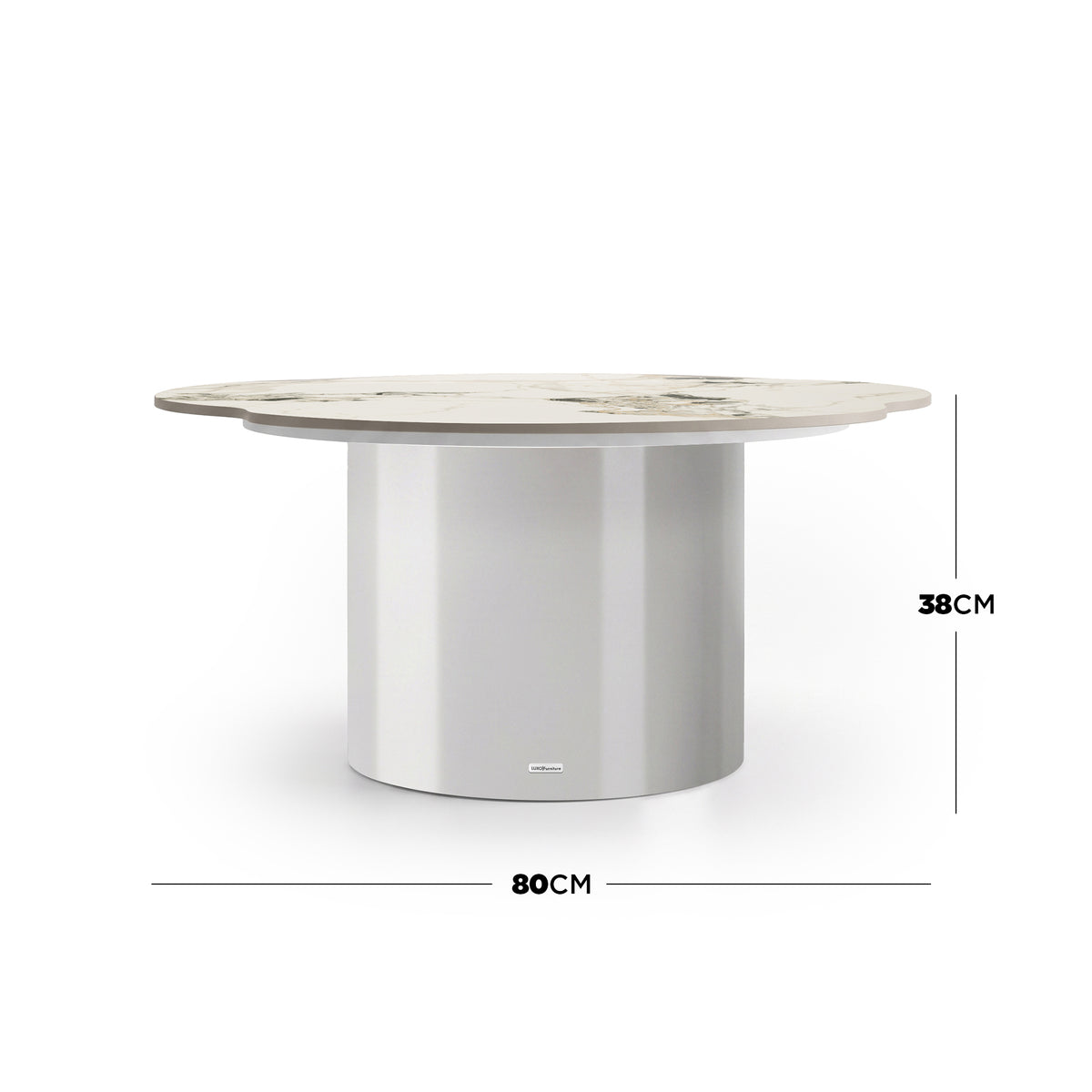 Round coffee table on a white background with height 38cm and diameter 80cm labeled
