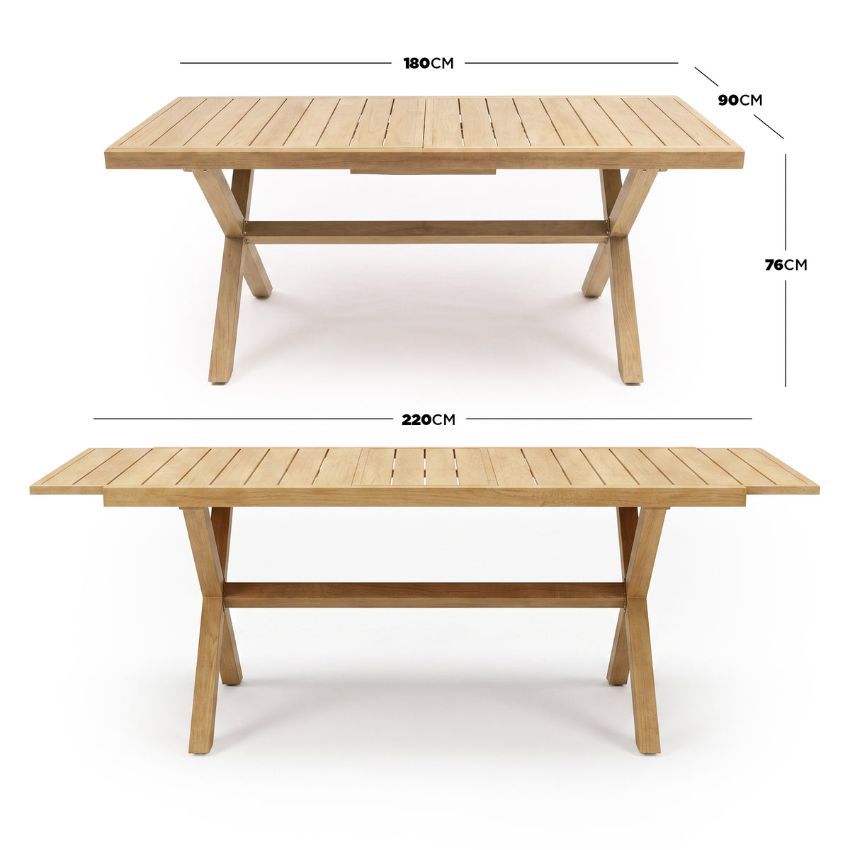 Wooden dining table with extension dimensions shown on a white background
