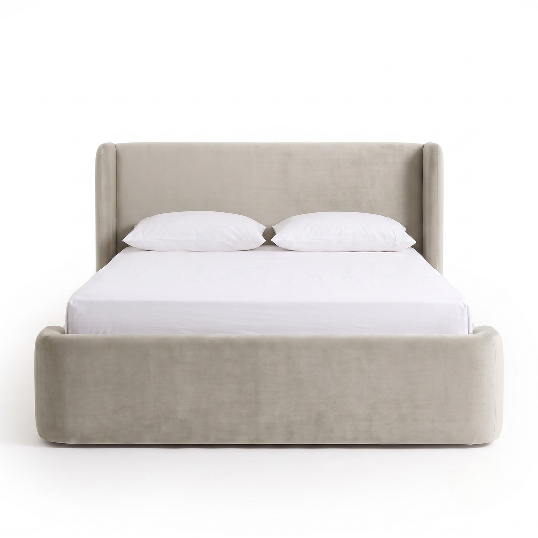 Full view of an upholstered bed on a white background