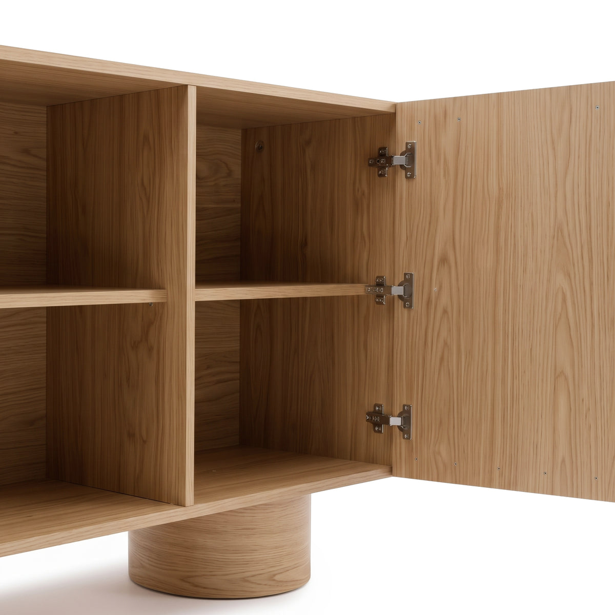 Close-up of wooden cabinet interior with shelves and one open door