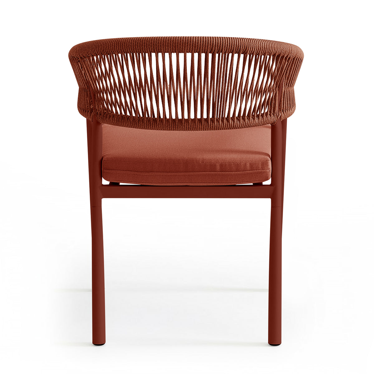 Coastal Outdoor Rope Dining Chairs Set of 2 in Burnt Orange feature a modern design with a reddish-terra-cotta metal frame and vertical rope backrest, complemented by matching cushioned seats.
