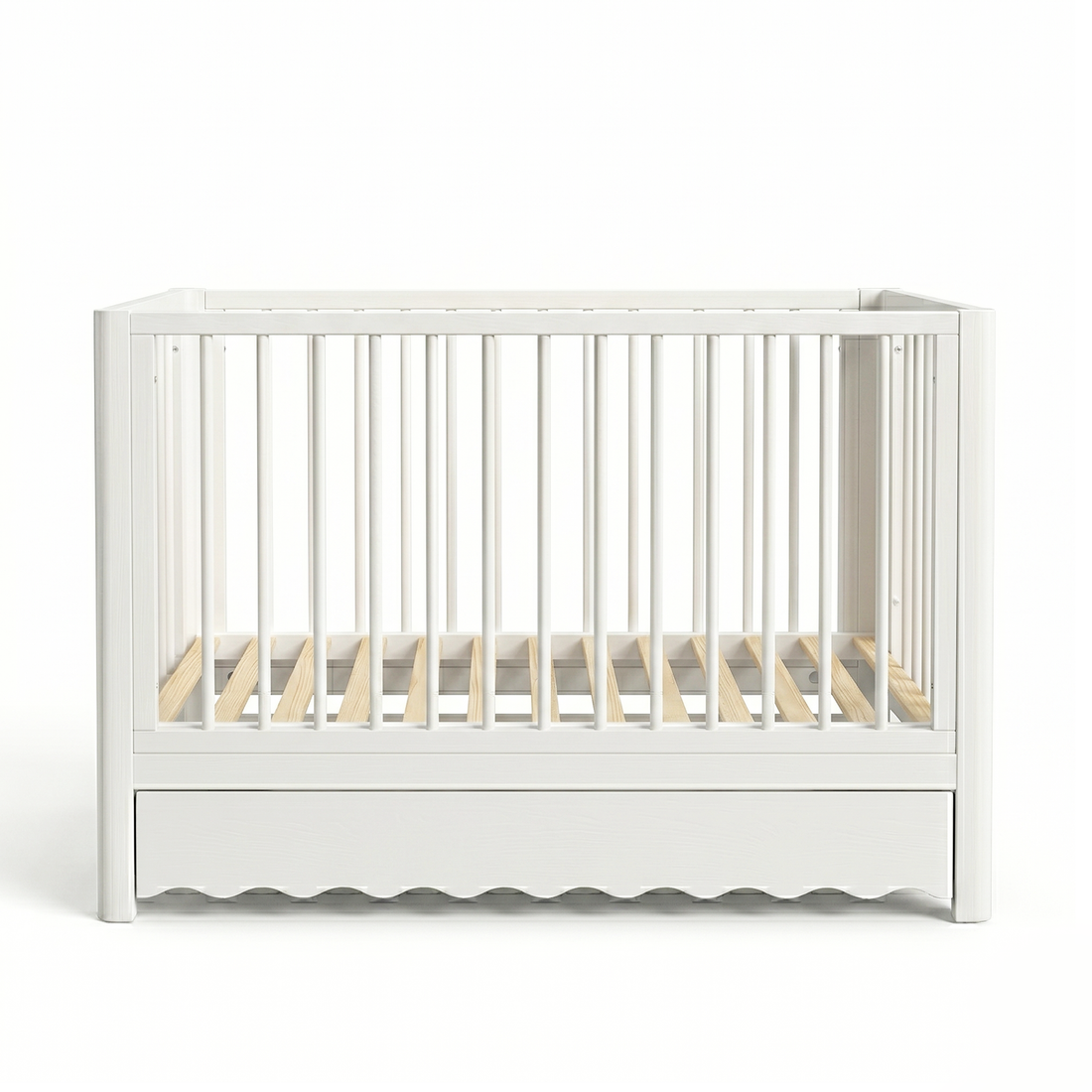 White modern baby crib on white background with wavy base detailing