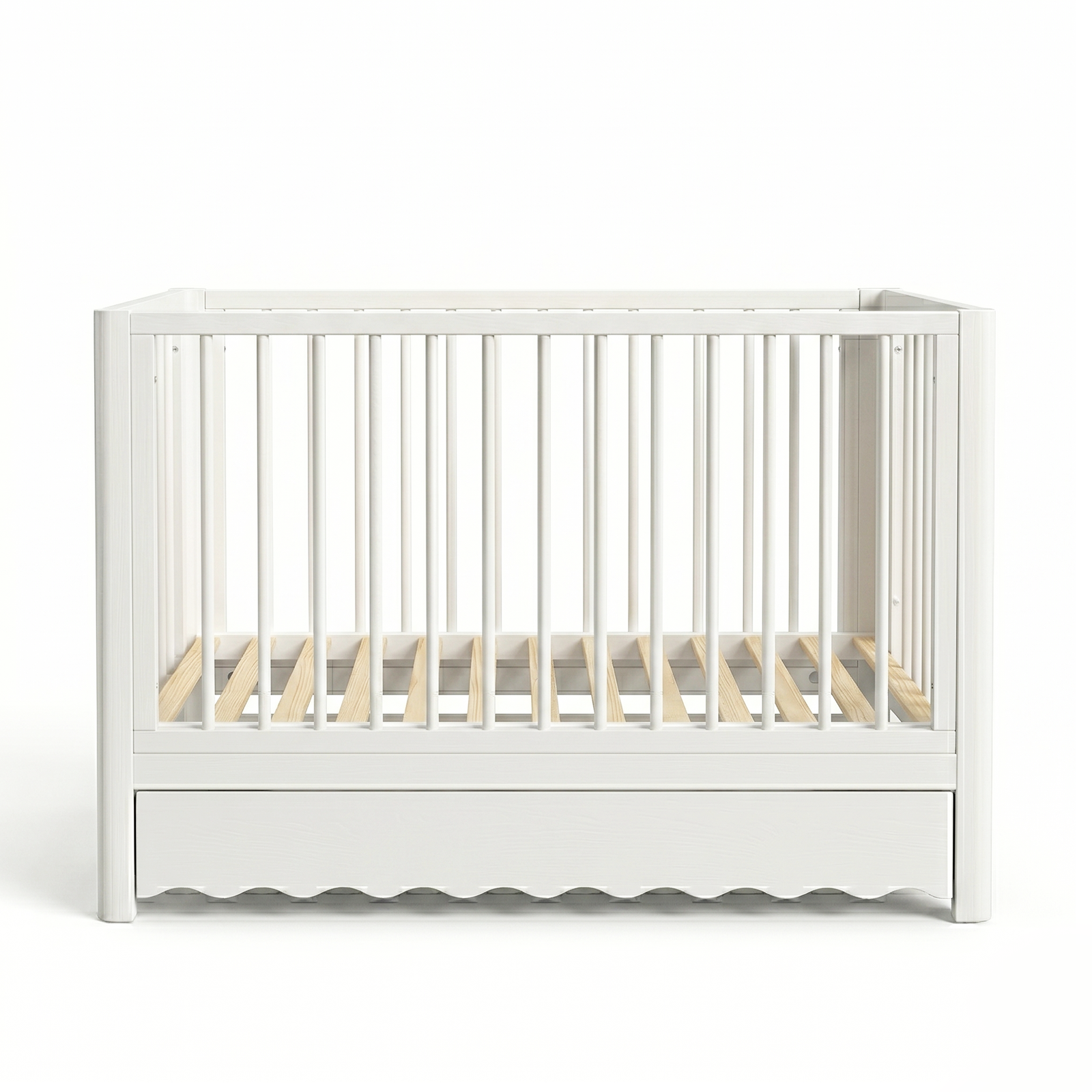 White modern baby crib on white background with wavy base detailing
