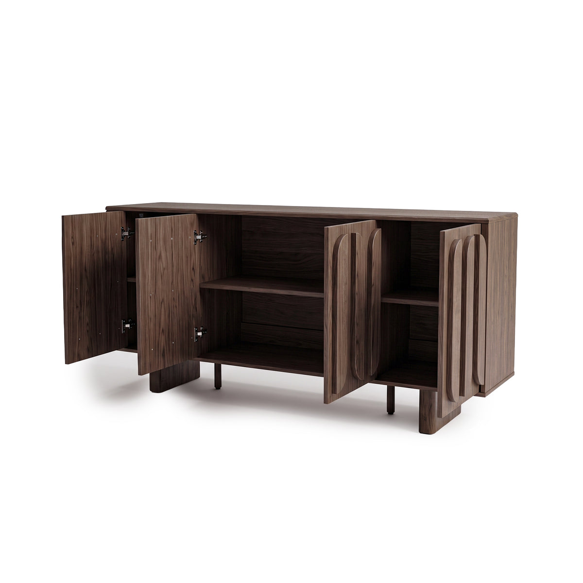Wooden storage cabinet with all four doors open on a white background.
