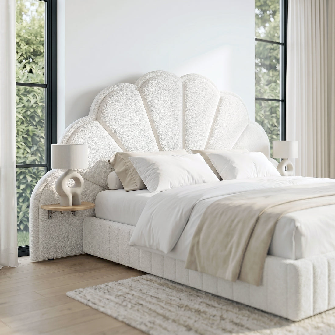 Modern bedroom lifestyle scene featuring the shell-shaped upholstered headboard with attached shelves