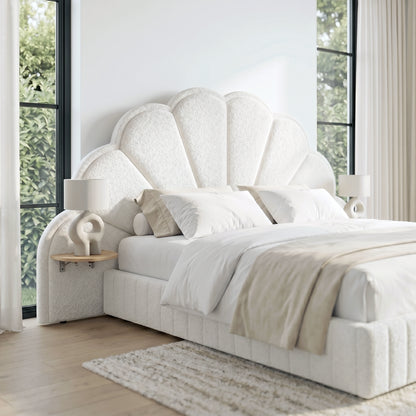 Modern bedroom lifestyle scene featuring the shell-shaped upholstered headboard with attached shelves
