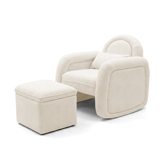 Cream-colored armchair and ottoman set on white background