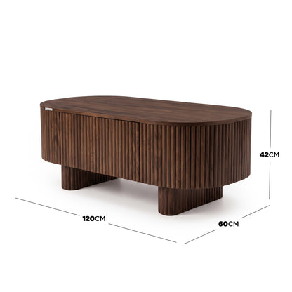 Rectangular dark wood coffee table with labeled dimensions on a white background