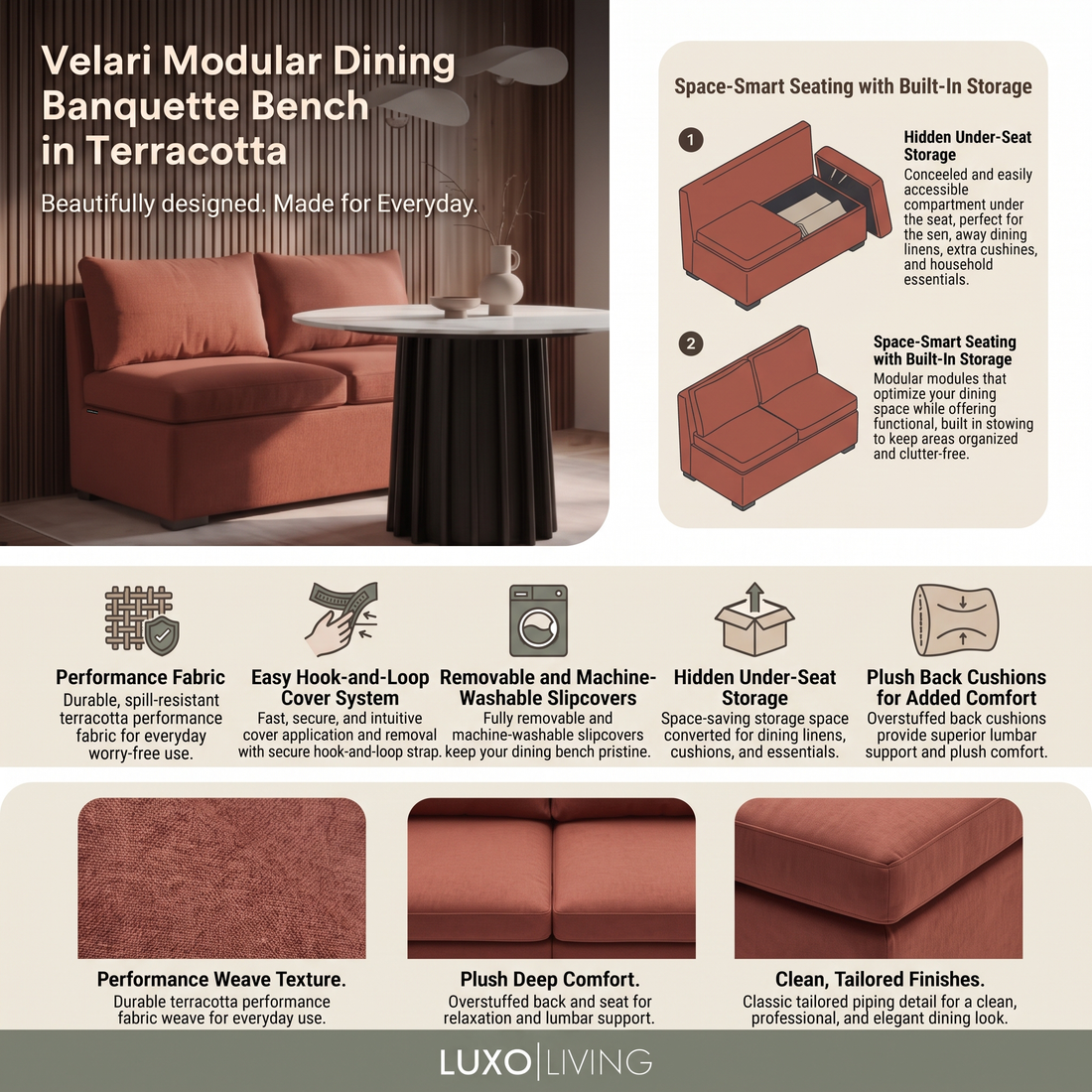 Terracotta modular dining banquette in a styled dining room with feature details
