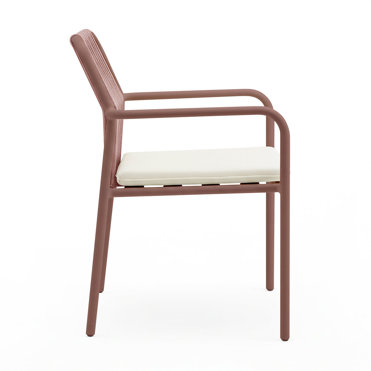 Evone Aluminium Rope Outdoor Dining Chair in Terracotta, featuring a slender tubular metal frame with integrated armrests, matching woven backrest, and an off-white seat cushion for stylish outdoor seating.