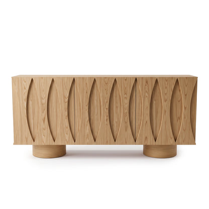 Wooden sideboard with oval carved front pattern on a white background