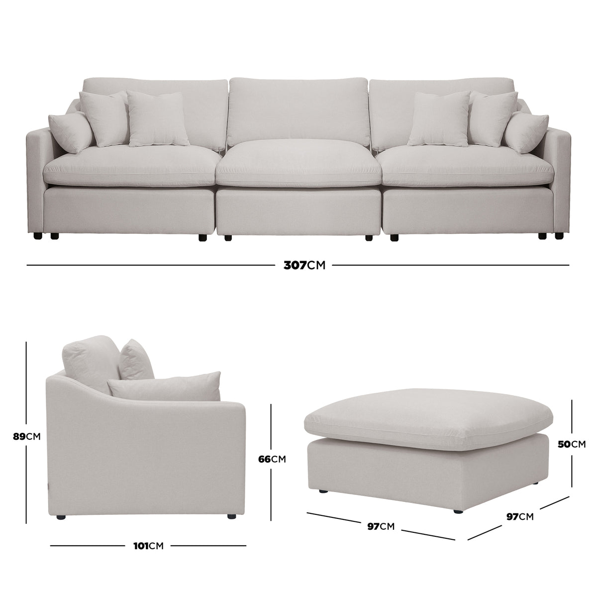 Light beige modular sofa set with ottoman and dimensions displayed on a white background