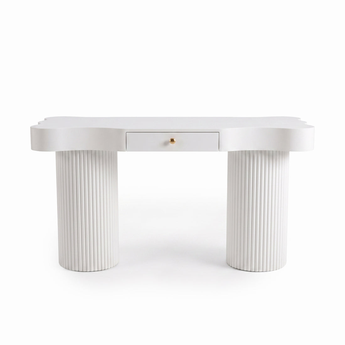 White modern desk with curved tabletop, centered drawer, and fluted cylindrical legs on a white background