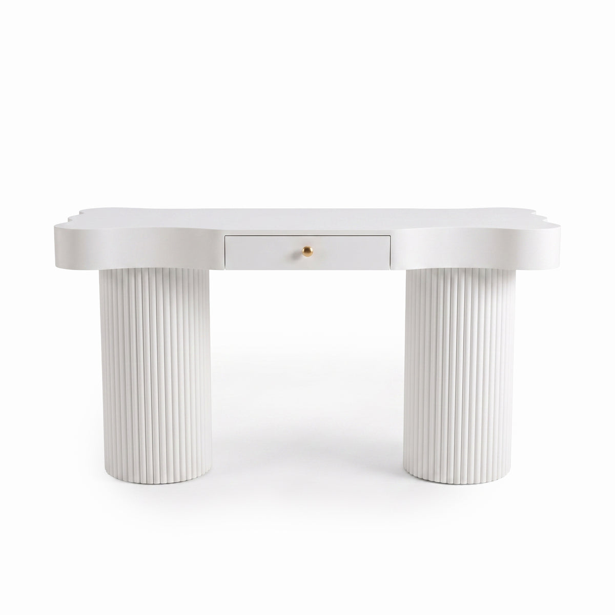 White modern desk with curved tabletop, centered drawer, and fluted cylindrical legs on a white background