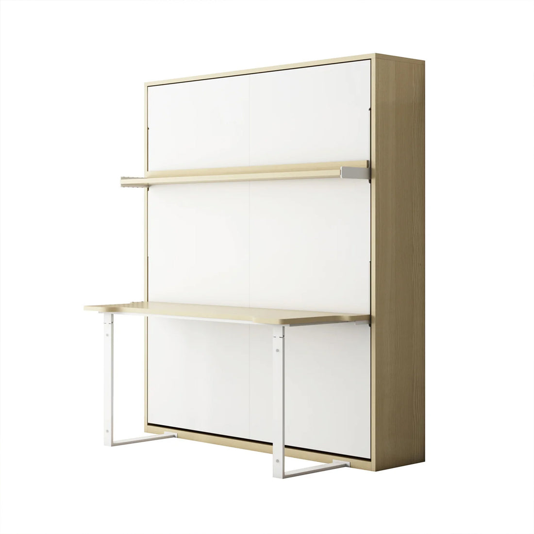 Logan Queen Murphy Bed & Cybele Mattress in White Natural, featuring a wall-mounted desk with light wood frame, white pull-down work surface, and upper shelf, maximizing space efficiency.