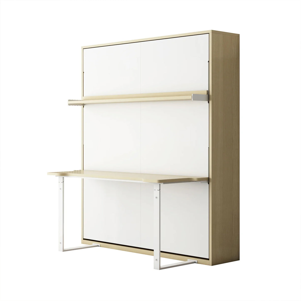 Logan Queen Murphy Bed & Cybele Mattress in White Natural, featuring a wall-mounted desk with light wood frame, white pull-down work surface, and upper shelf, maximizing space efficiency.