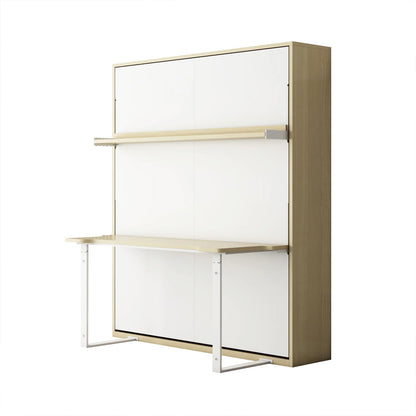 Logan Queen Murphy Bed & Cybele Mattress in White Natural, featuring a wall-mounted desk with light wood frame, white pull-down work surface, and upper shelf, maximizing space efficiency.