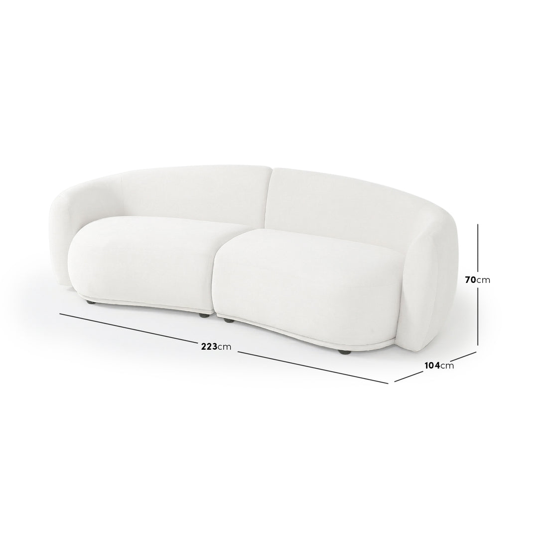 Curved white sofa on white background with dimension lines and measurements
