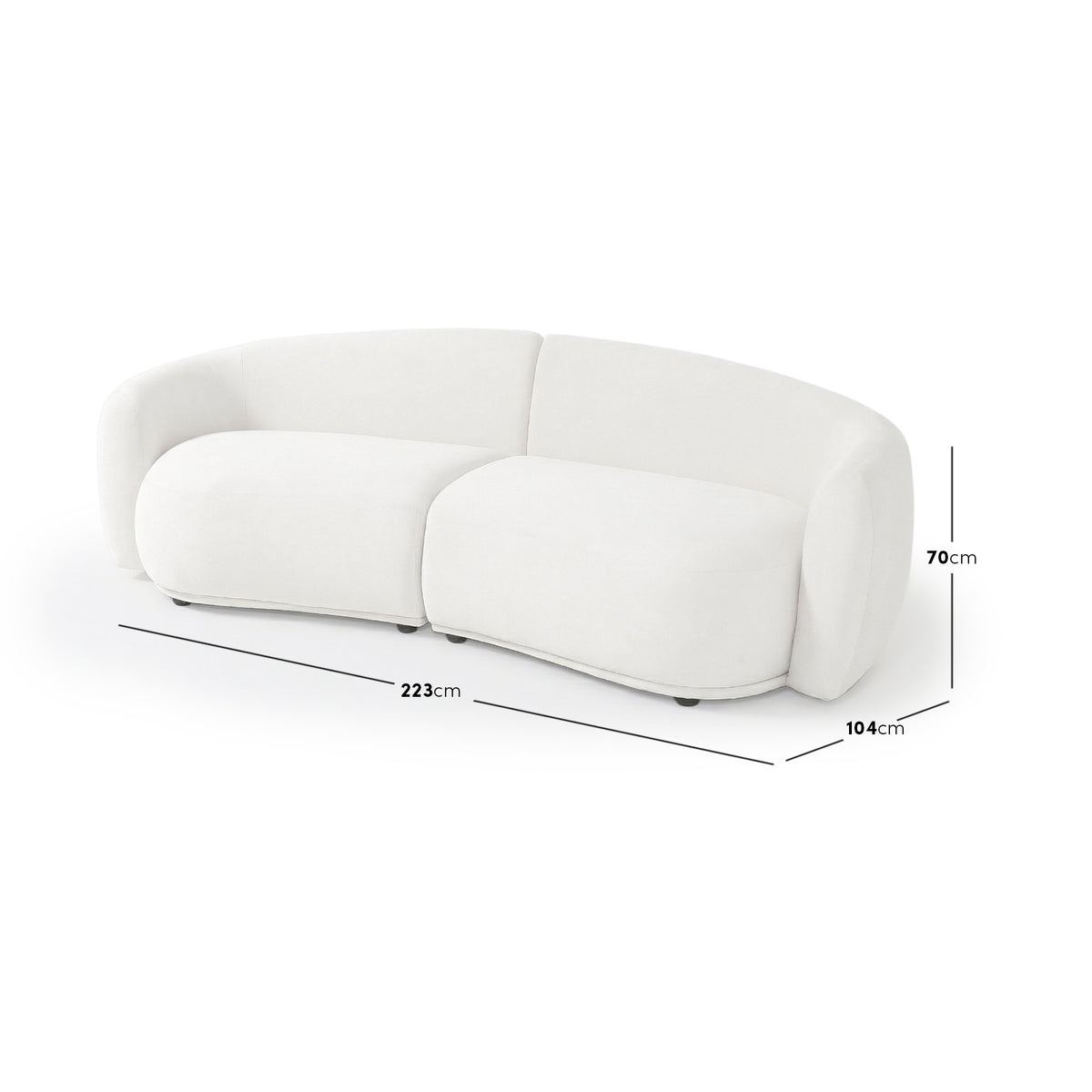 Curved white sofa on white background with dimension lines and measurements