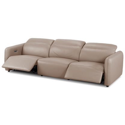 Light beige reclining sofa on a white background with both end seats reclined