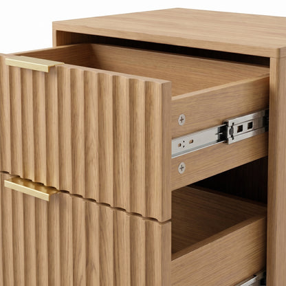 Close-up angled view of a wooden cabinet with partially open drawers on a white background