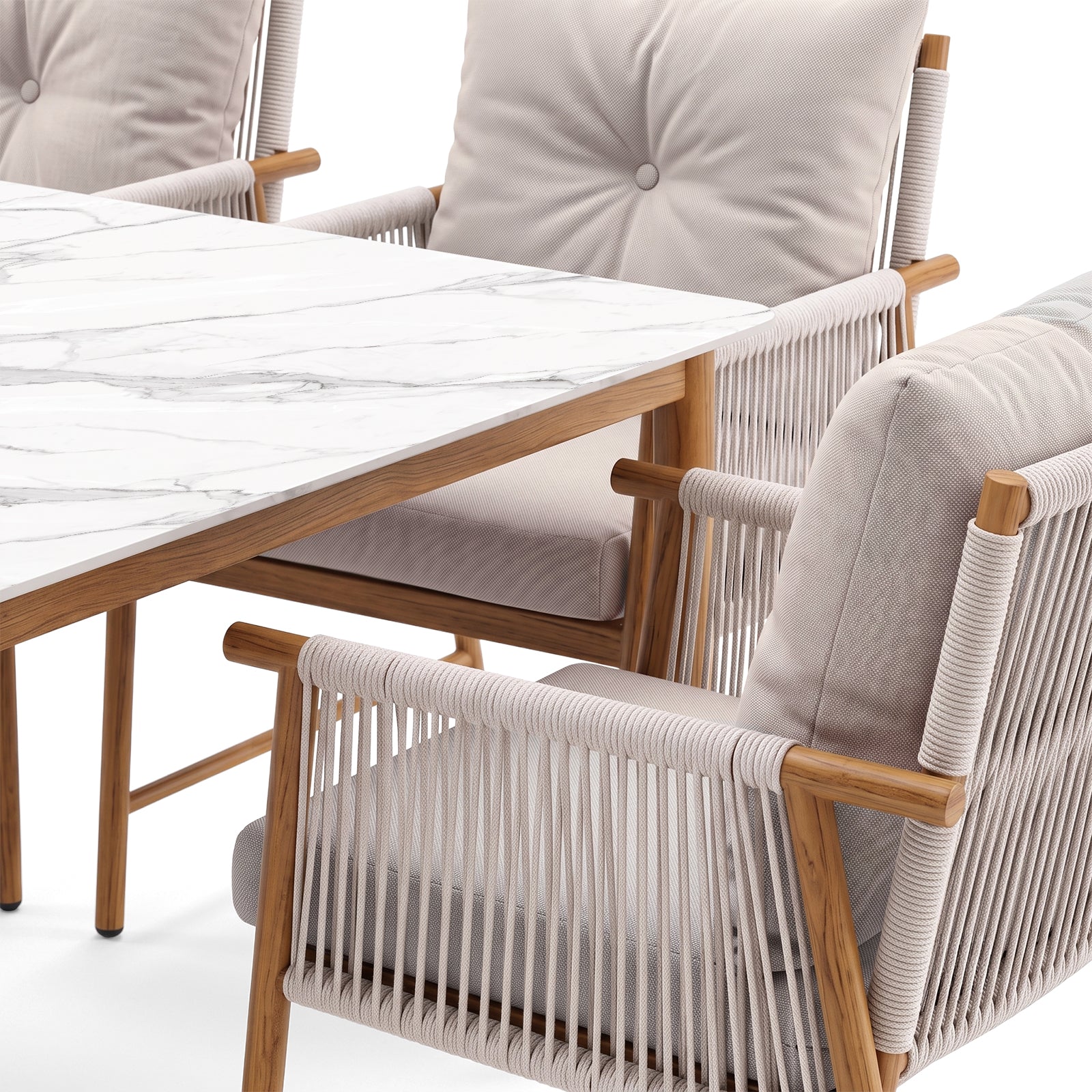 Partial view of a dining set with marble-top table and cushioned chairs on a white background