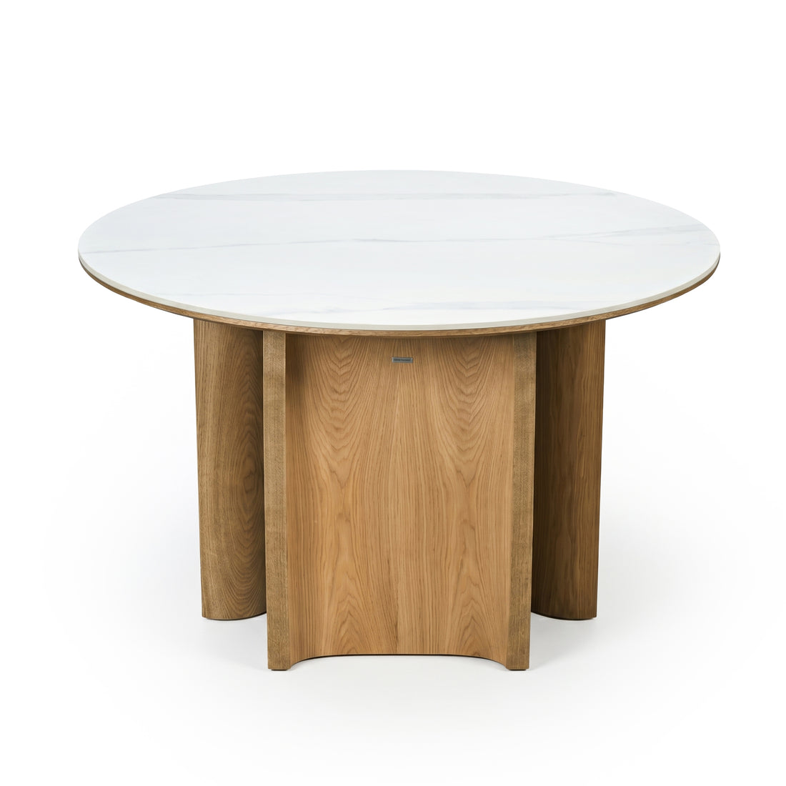 Modern round table with white top and geometric wooden base on white background