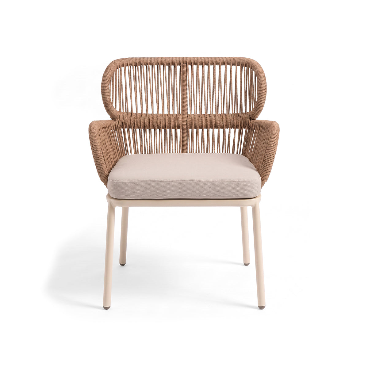 Modern woven chair with cushioned seat on a white background