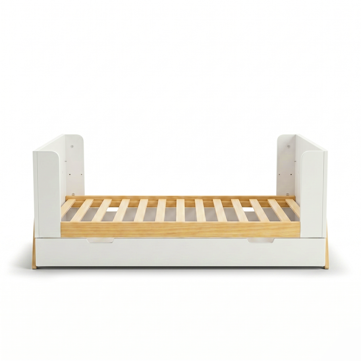 Children’s bed with white frame and wood slats on white background