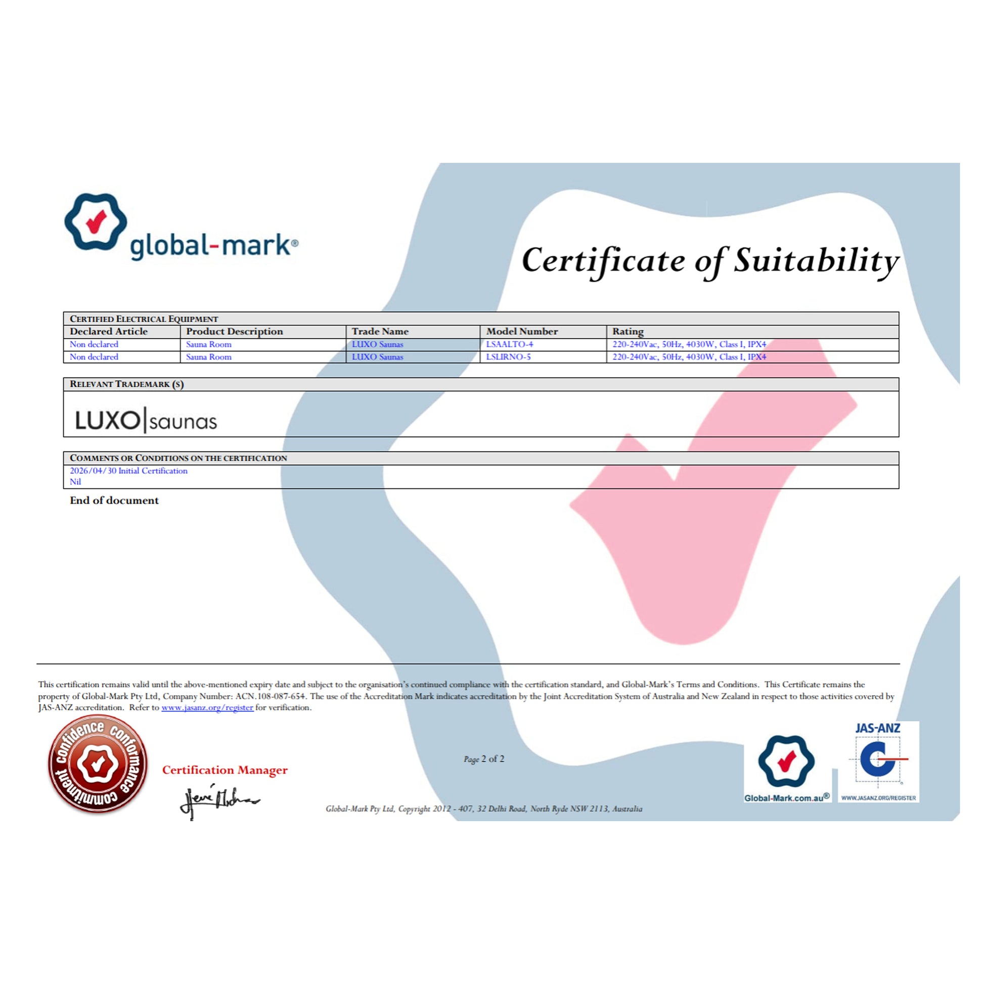 Certificate of Suitability document for LUXO saunas.