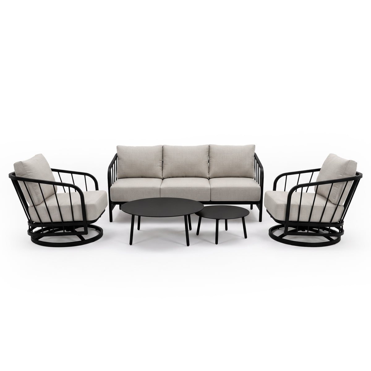 Complete modern seating set with sofa, armchairs, and coffee tables on a white background
