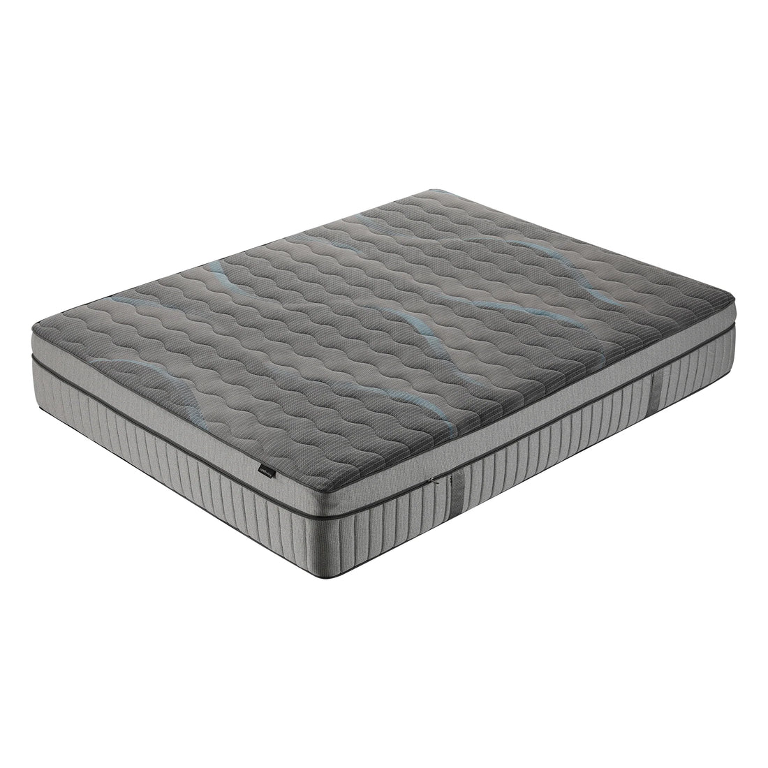 A mattress featuring a dark grey quilted top surface with subtle blue wave patterns and light grey textured sides.