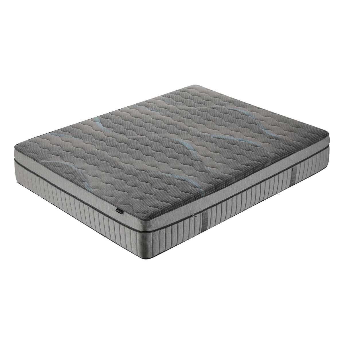A mattress featuring a dark grey quilted top surface with subtle blue wave patterns and light grey textured sides.