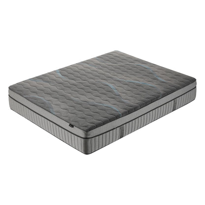 A mattress featuring a dark grey quilted top surface with subtle blue wave patterns and light grey textured sides.